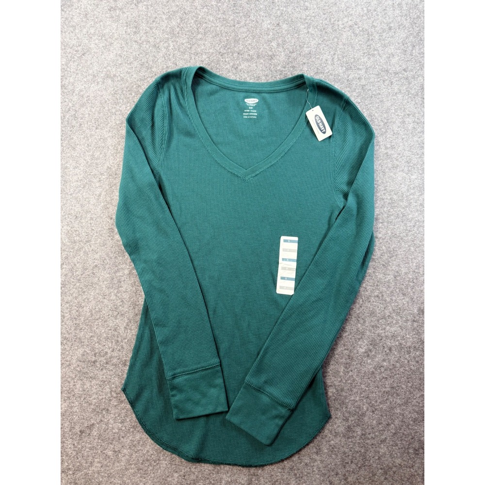 Old Navy Womens Teal Waffle Knit V-Neck Thermal Long Sleeve Shirt Small NWT